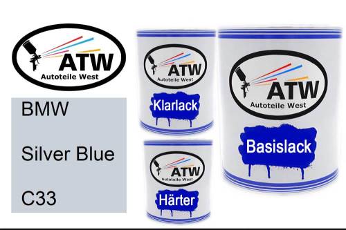 BMW, Silver Blue, C33: 1L Lackdose + 1L Klarlack + 500ml Härter - Set, von ATW Autoteile West.